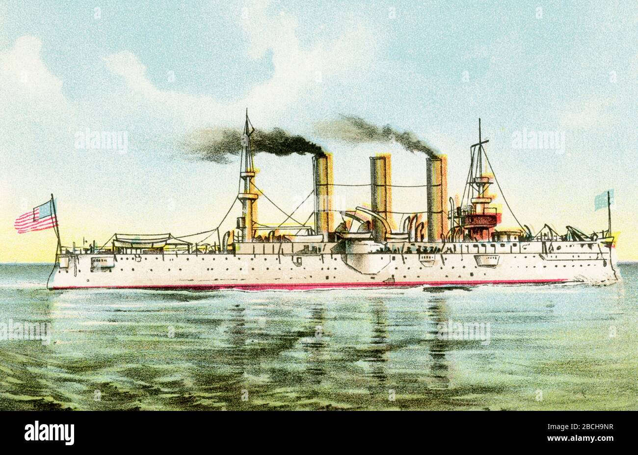 L'Armored Cruiser Brooklyn degli Stati Uniti è stata una nave chiave nella battaglia di Santiago de Cuba il 3 luglio, in cui la flotta spagnola è stata distrutta. Viene chiamato USS Brooklyn (ACR-3/CA-3). L'Armored Cruiser New York degli Stati Uniti (conosciuto anche come USS New York [ACR-2/CA-2]) è stato il secondo incrociatore blindato della Marina degli Stati Uniti così designato; il primo è stato il Maine malato-fated, che presto è stato ridesignato una nave da guerra di seconda classe. A causa della costruzione insolitamente prolungata del Maine, New York è stato in realtà il primo incrociatore blindato ad entrare nel servizio della Marina degli Stati Uniti. Foto Stock