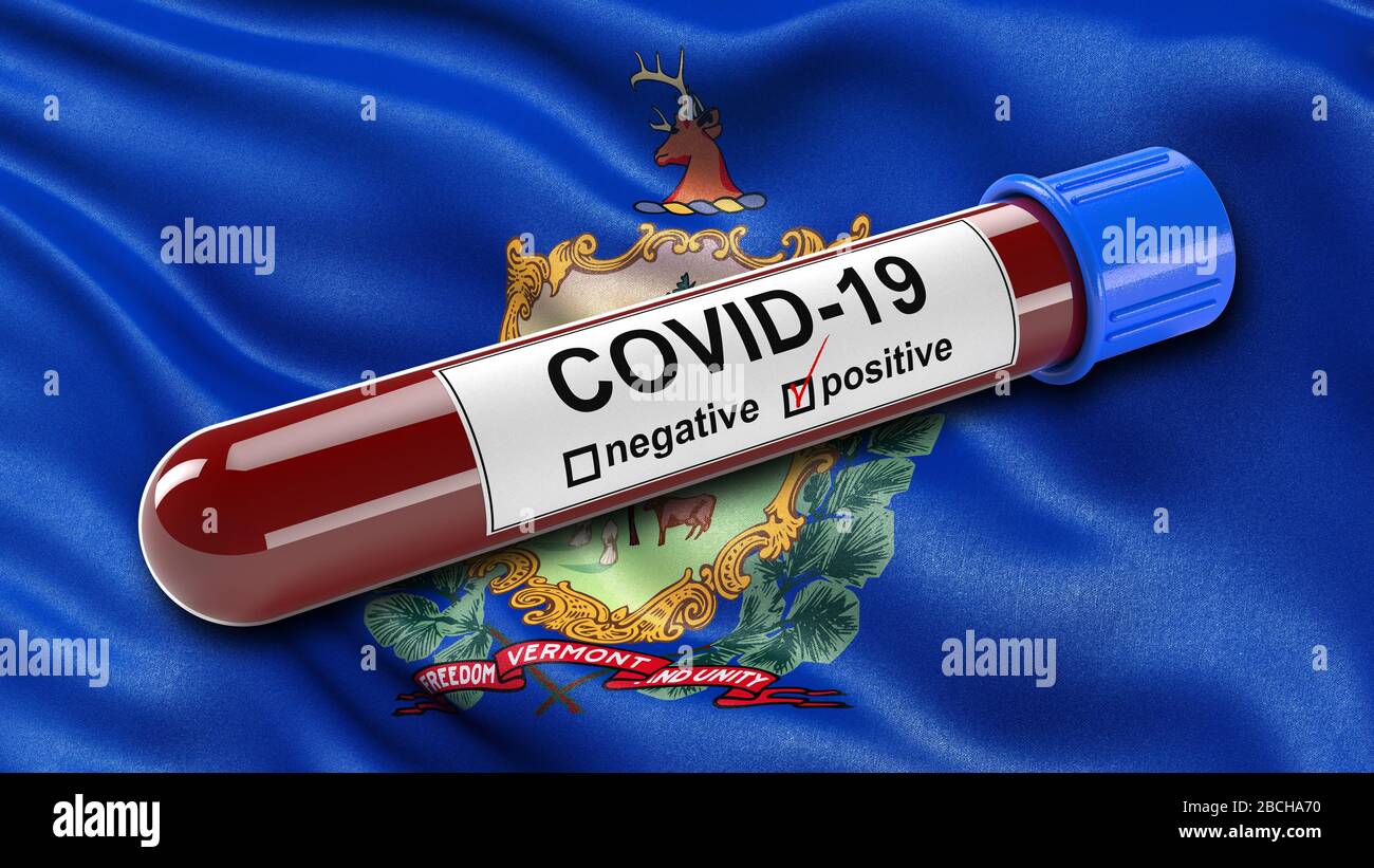 Bandiera dello stato DEGLI STATI UNITI del Vermont ondeggiante nel vento con una provetta di analisi del sangue positiva Covid-19. Foto Stock