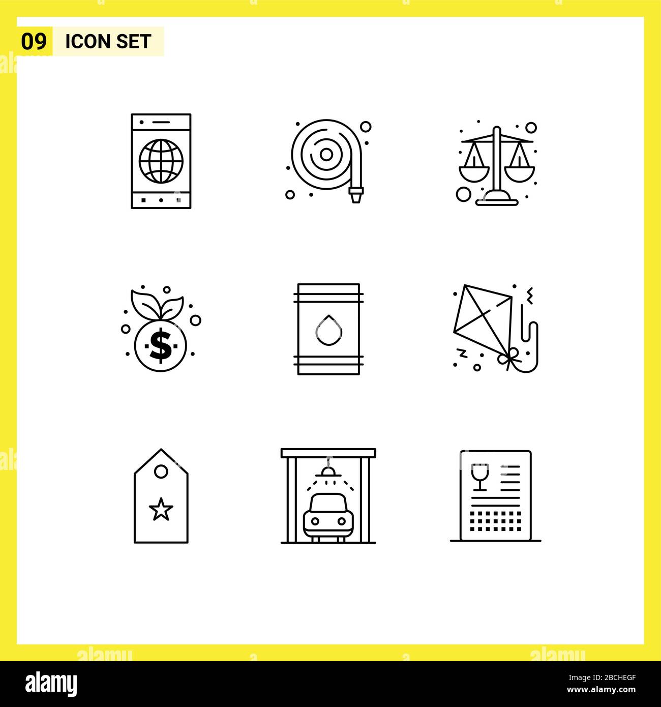 9 icone creative segni e simboli moderni di combustibile, barile, equilibrio, finanza, gestione elementi di progettazione vettoriale modificabili Illustrazione Vettoriale