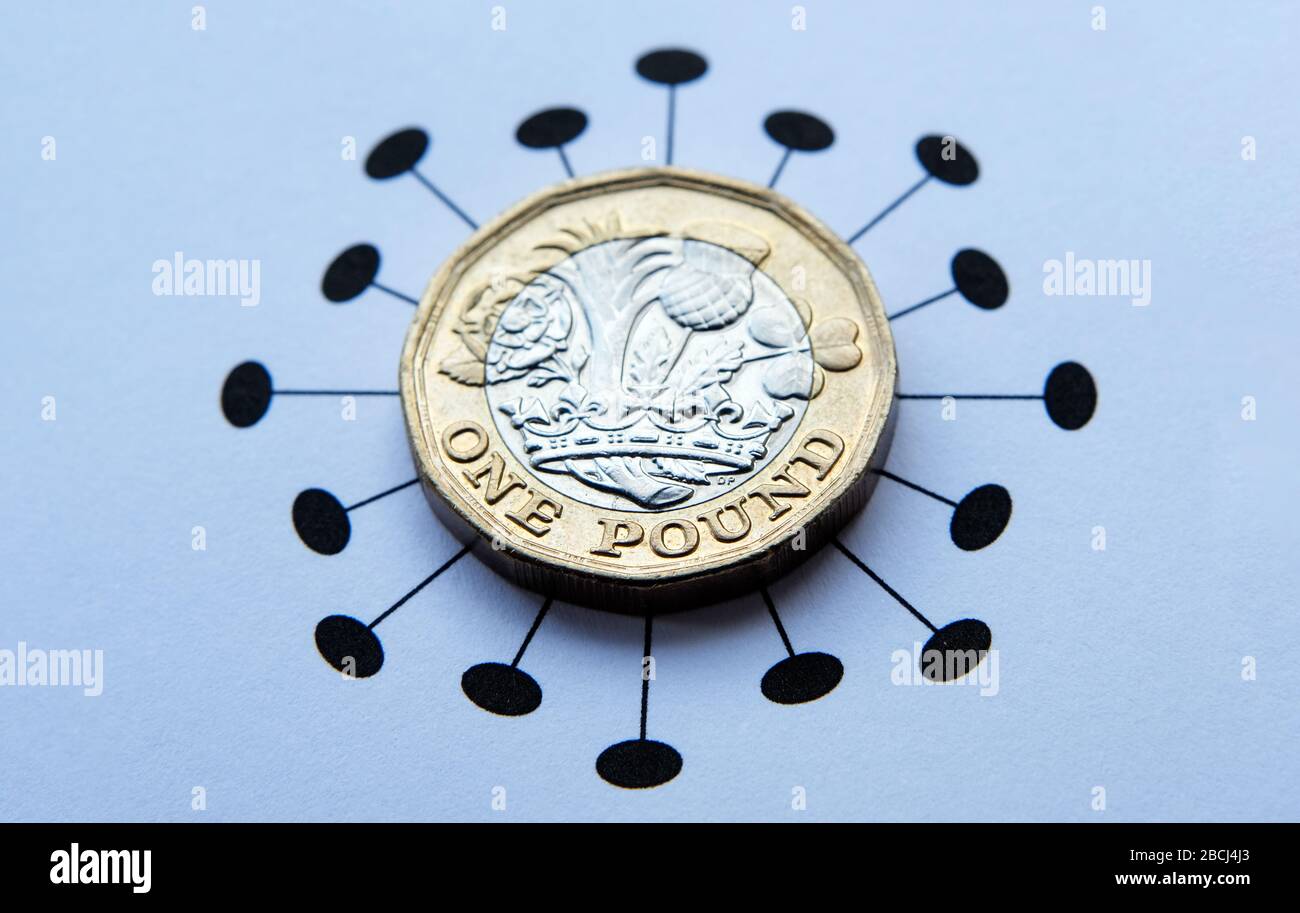 Una libbra di monete poste sopra il Coronavirus COVID-19 stampato illusstration. Foto concettuale per l'impatto finanziario di pandemia e quarantena. Foto Stock