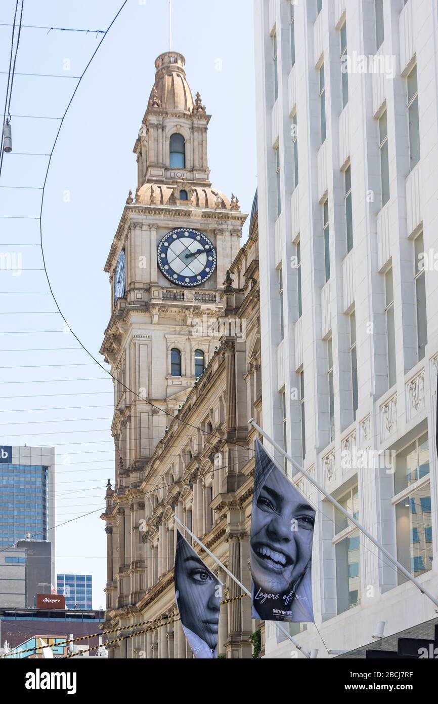 Torre dell'orologio del G.P.O Building, Bourke Street, City Central, Melbourne, Victoria, Australia Foto Stock