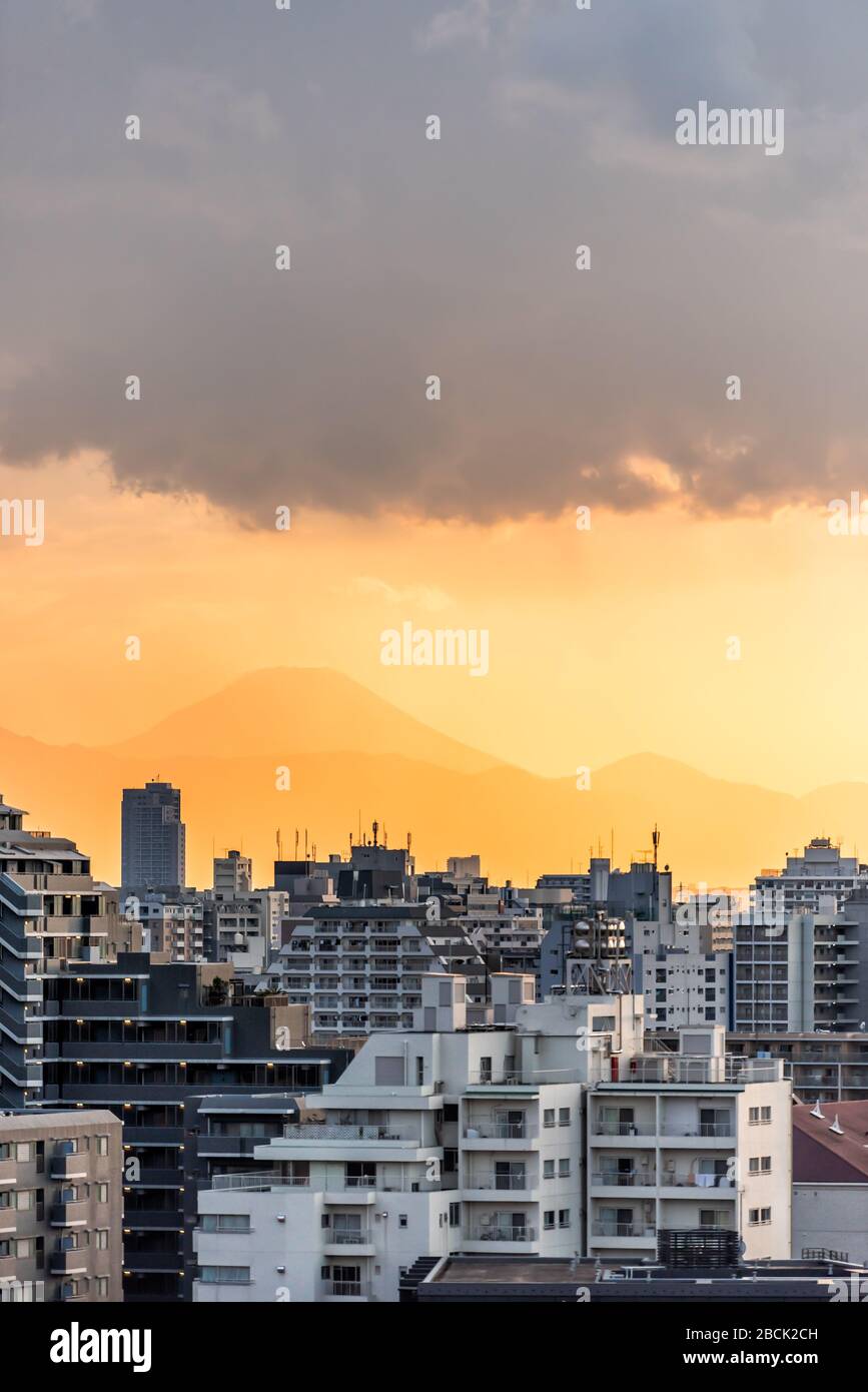 Giallo arancio tramonto a Tokyo, Giappone Shinjuku paesaggio urbano con silhouette vista del Monte Fuji e della luce solare dorata, edifici di appartamenti e montagne duri Foto Stock