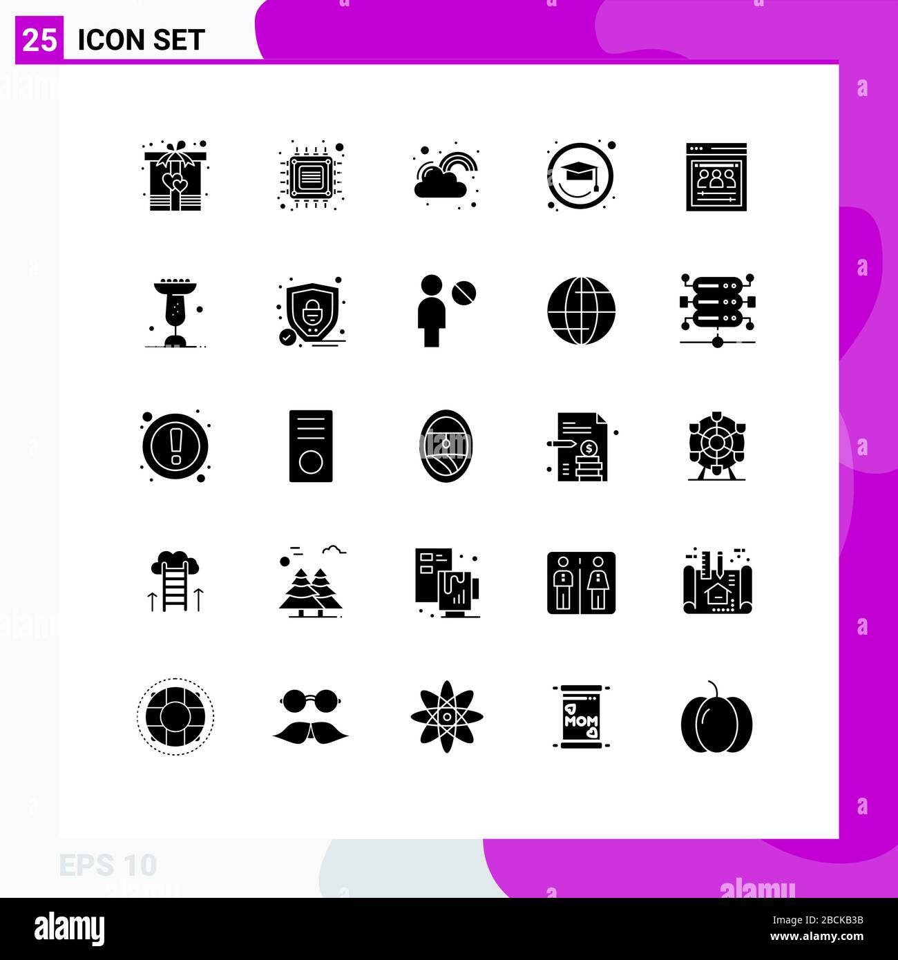 Solid Glyph Pack di 25 simboli universali della pagina di organizzazione, laurea, tecnologia, istruzione, elementi di progettazione vettoriale modificabili fortuna Illustrazione Vettoriale