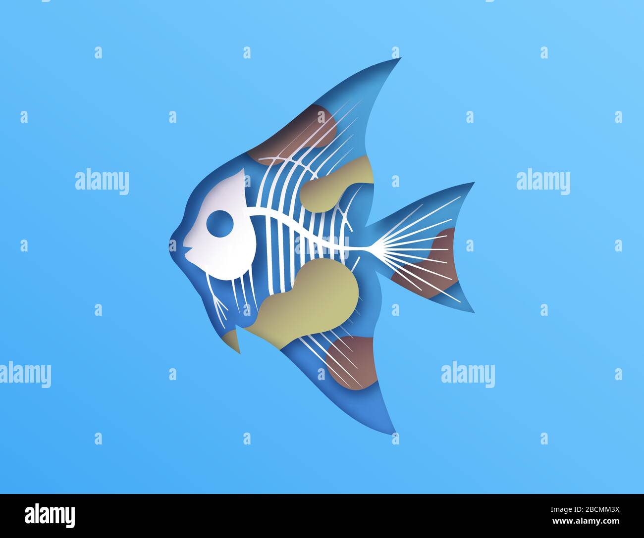 Animale di pesce Papercut con scheletro di ritaglio e plastica tossica o fuoriuscita di olio all'interno. 3D paper cut x ray concetto di contaminazione da acqua sporca dell'oceano, endang Illustrazione Vettoriale