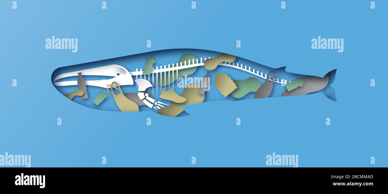 Animale di balena blu Papercut con scheletro tagliato e inquinamento tossico di plastica, bottiglie, sacchetto all'interno. 3D carta taglio x ray concetto di acqua sporca oceano cont Illustrazione Vettoriale