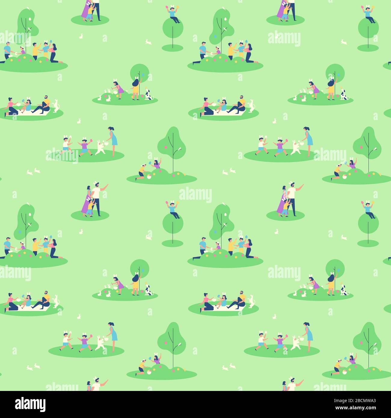 Vacanze di Pasqua un modello senza soluzione di continuità di persone felici che godono la stagione primaverile al parco all'aperto. Sfondo primavera colorato con animali di coniglio e. Illustrazione Vettoriale