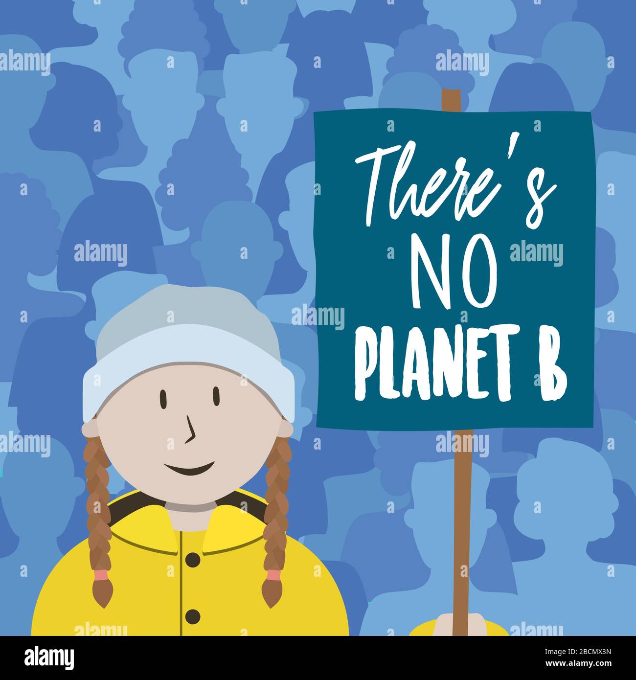 Non c'è nessun messaggio di carta di auguri Planet B per la campagna di Earth Day o ambiente con la giovane ragazza che tiene segno attivista. Evento di protesta della natura conc Illustrazione Vettoriale