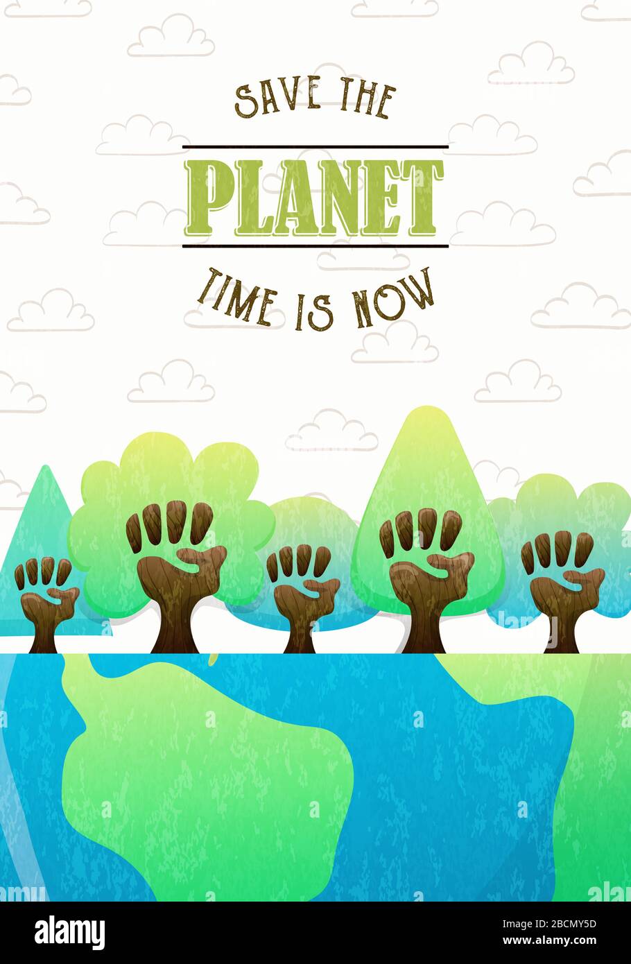 Earth Day biglietto di auguri concetto di mano umana alberi raccolti insieme per il cambiamento climatico lotta o comunità natura aiuto. Salvare il testo del pianeta illu citazione Illustrazione Vettoriale