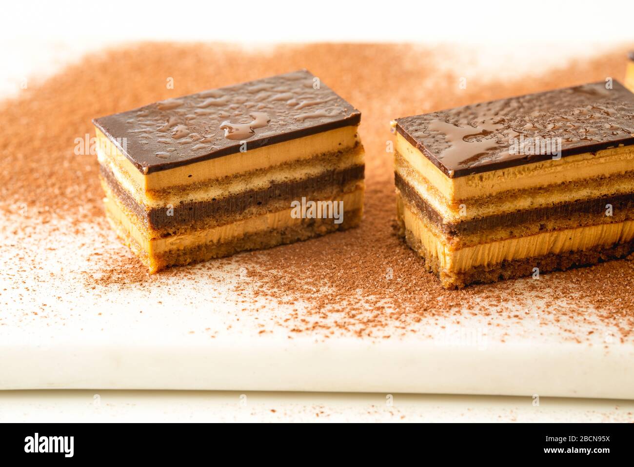 Torta al cioccolato con mousse al caffè, biscotto, ganache al cioccolato e guarnimento al cioccolato Foto Stock
