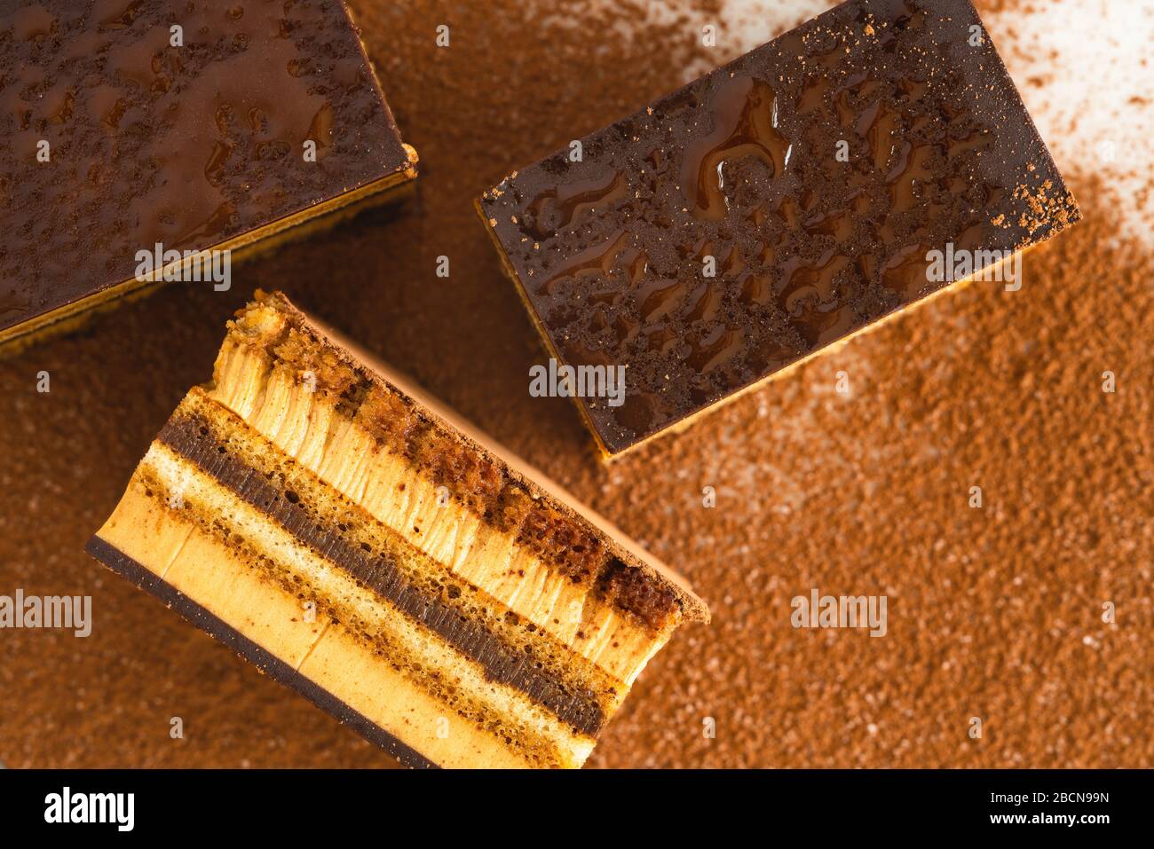 Torta al cioccolato con mousse al caffè, biscotto, ganache al cioccolato e guarnimento al cioccolato Foto Stock