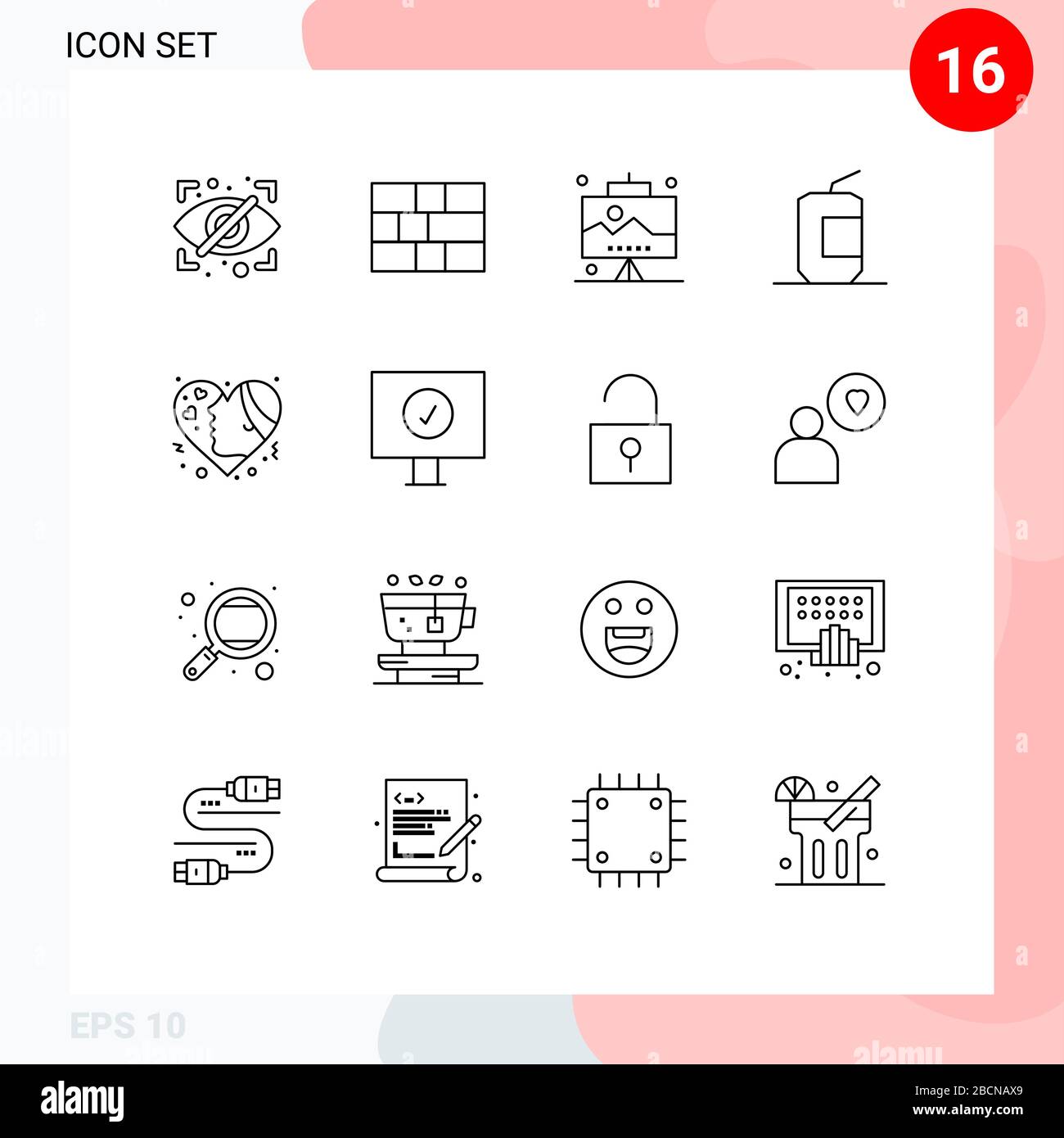 Set moderno di 16 contorni e simboli come emozione, cibo, ufficio, fast food, cola Editable Vector Design Elements Illustrazione Vettoriale