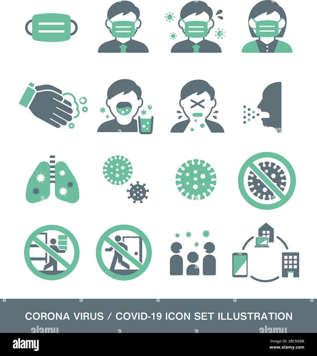 Set di illustrazioni del virus Corona (covid-19 ) icona del vettore correlata (colore a 2 toni) Illustrazione Vettoriale