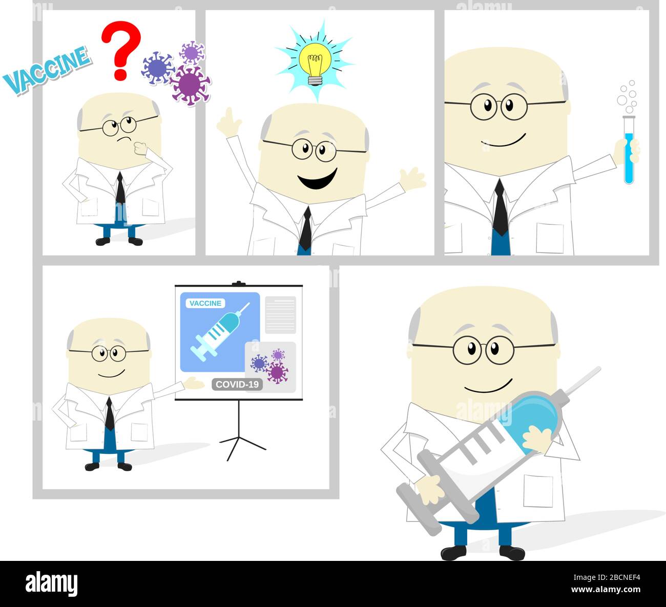 storyboard cartone animato dello scienziato che sviluppa il vaccino del coronavirus. Isolato su sfondo bianco Illustrazione Vettoriale