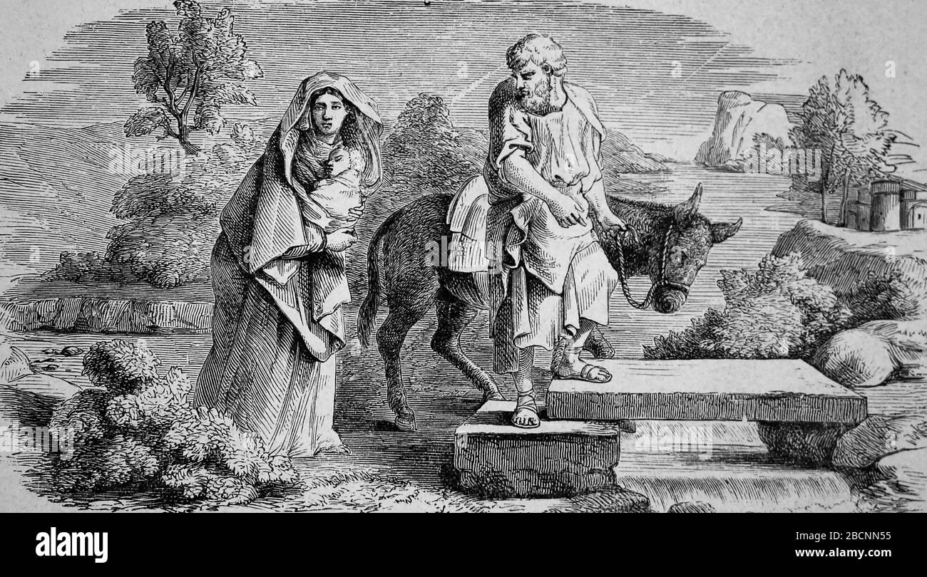 Nuovo Testamento. Volo in Egitto. Incisione. Sacra Bibbia, 19th secolo. Foto Stock