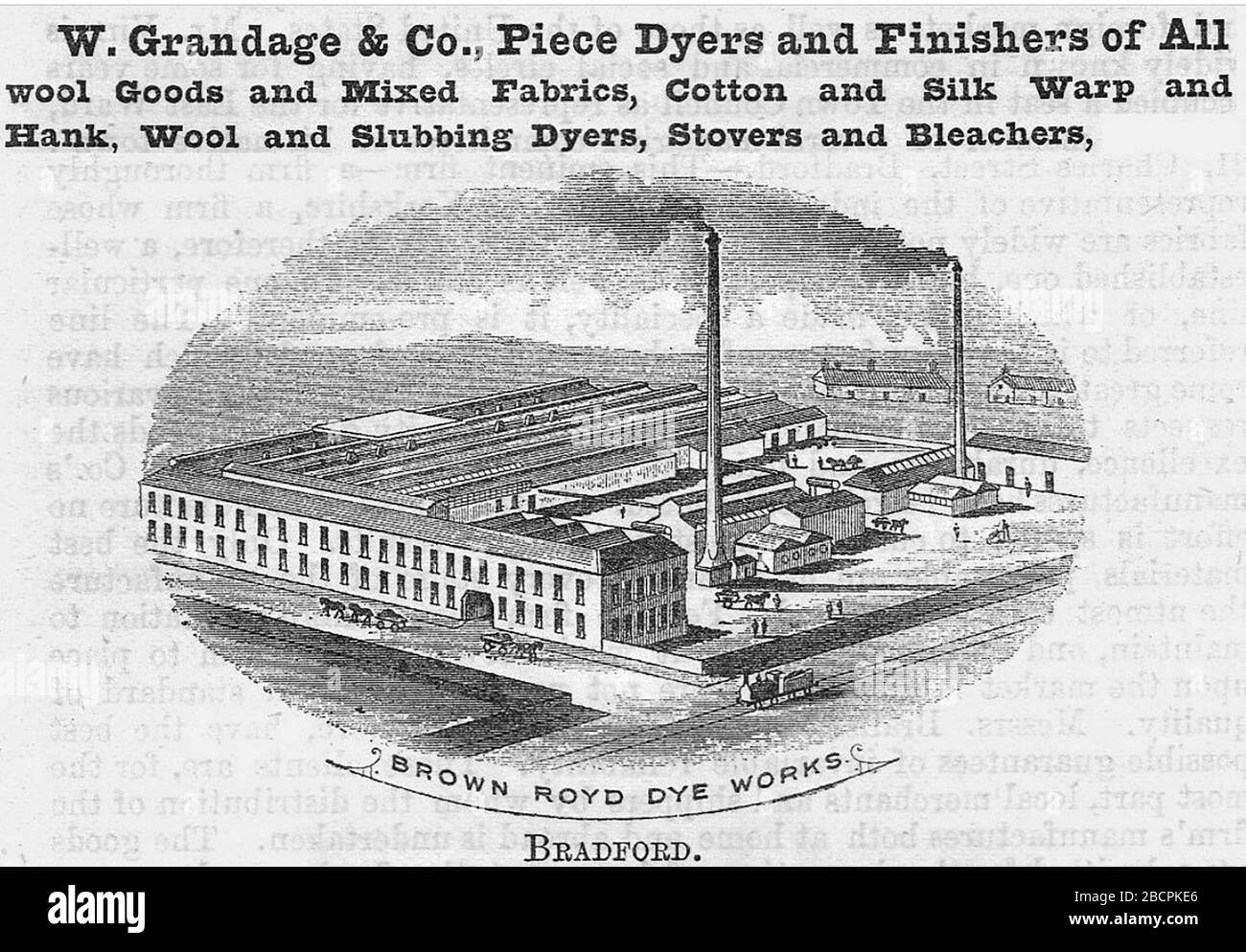 W. Grandage e società, tintori e finitori di pezzi, tessuti misti di lana, cotone, wrap di seta, lana, tinti di sgranatura, spover, sbiancatori, Brown Royd Dye works, Bradford 1893 Foto Stock