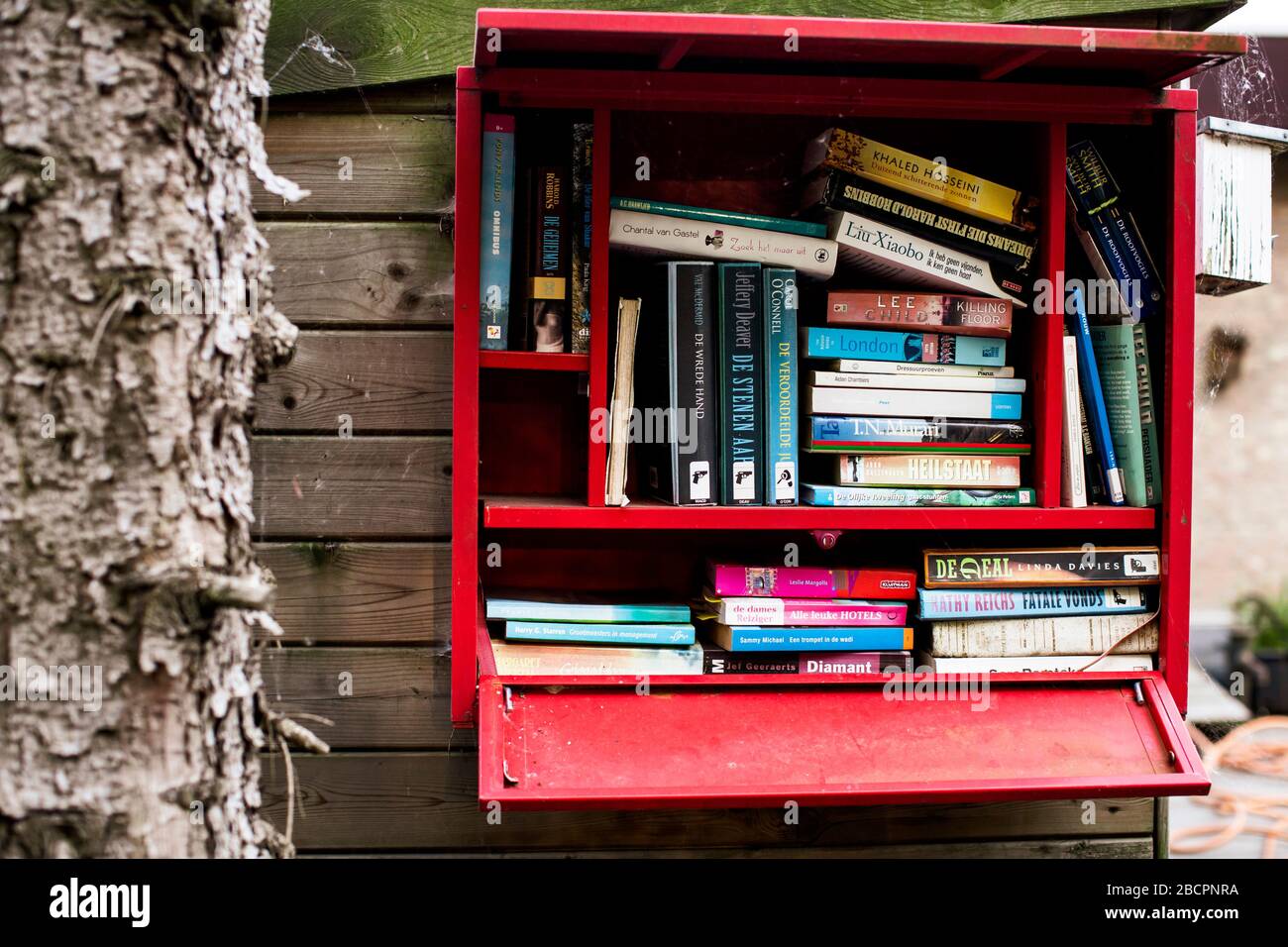 Biblioteca di strada rossa piena di libri nella strada di Amsterdam Nord Foto Stock
