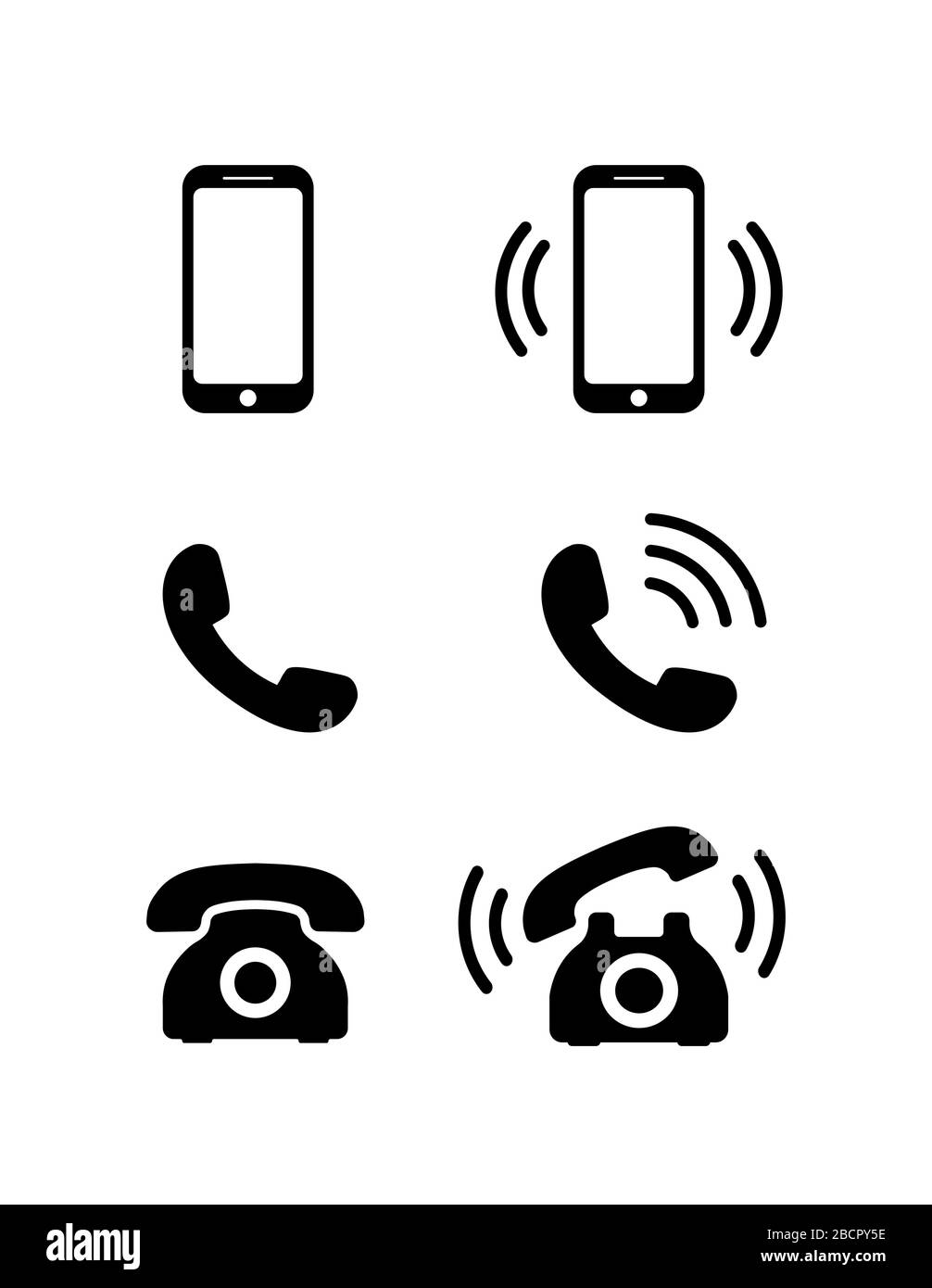 Set di icone del telefono retro. Simboli telefonici neri Illustrazione Vettoriale