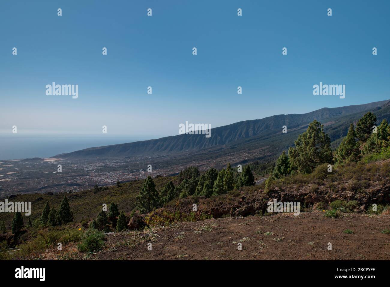 Verdi pendici della valle di Guimar, situata sulla costa orientale dell'isola, come visto da un punto di vista conosciuto come Mirador de Chivisaya sulla Carretera Los Loros Foto Stock