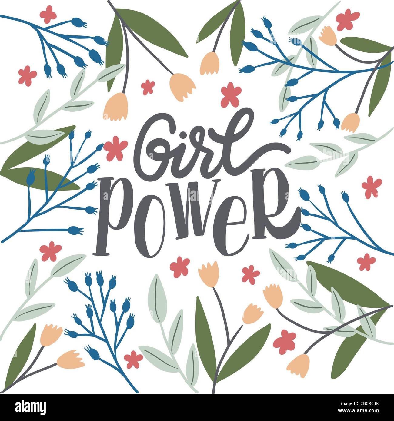 Composizione di lettere - potere della ragazza - su uno sfondo bianco in una cornice di fiori, foglie e ramoscelli. Per il disegno di cartoline, poster, stampe Foto Stock