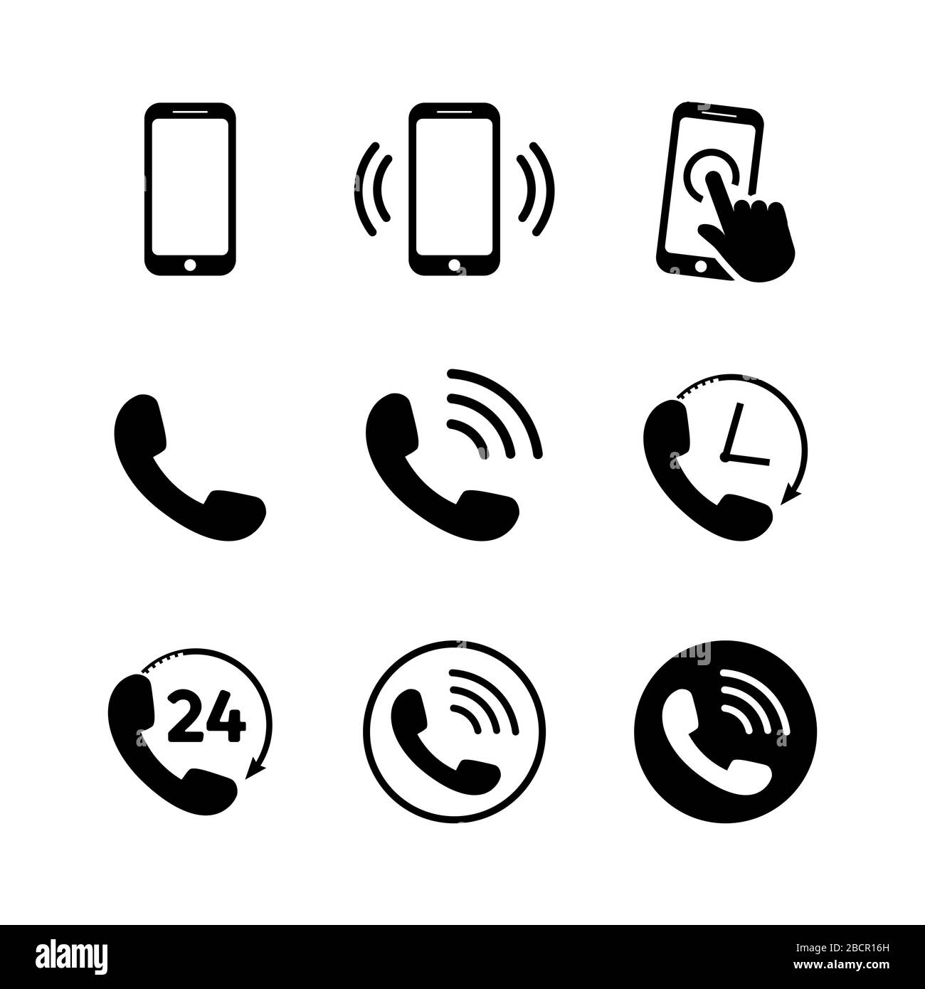 Set di icone del telefono. Simboli del telefono cellulare e del telefono in piano. Illustrazione Vettoriale