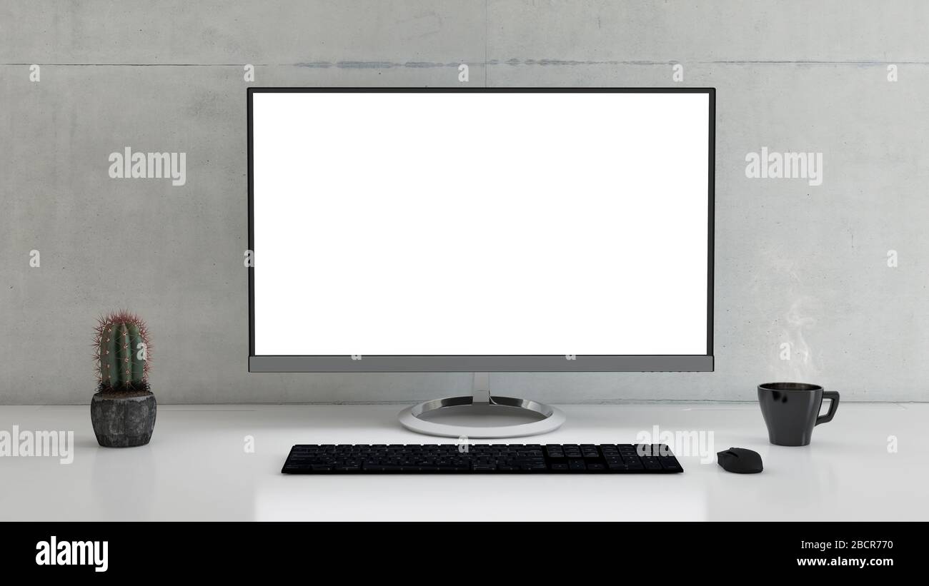 Computer su scrivania con caffè, cactus e pareti in cemento rendering 3D Foto Stock