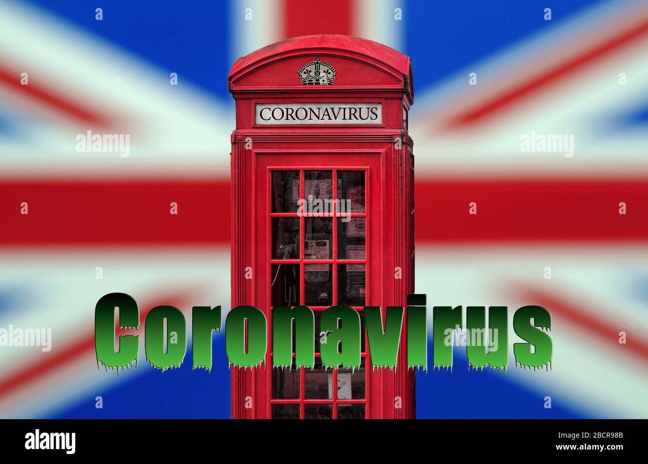 Coronavirus British Red Telephone Box su Union Jack background Foto Stock