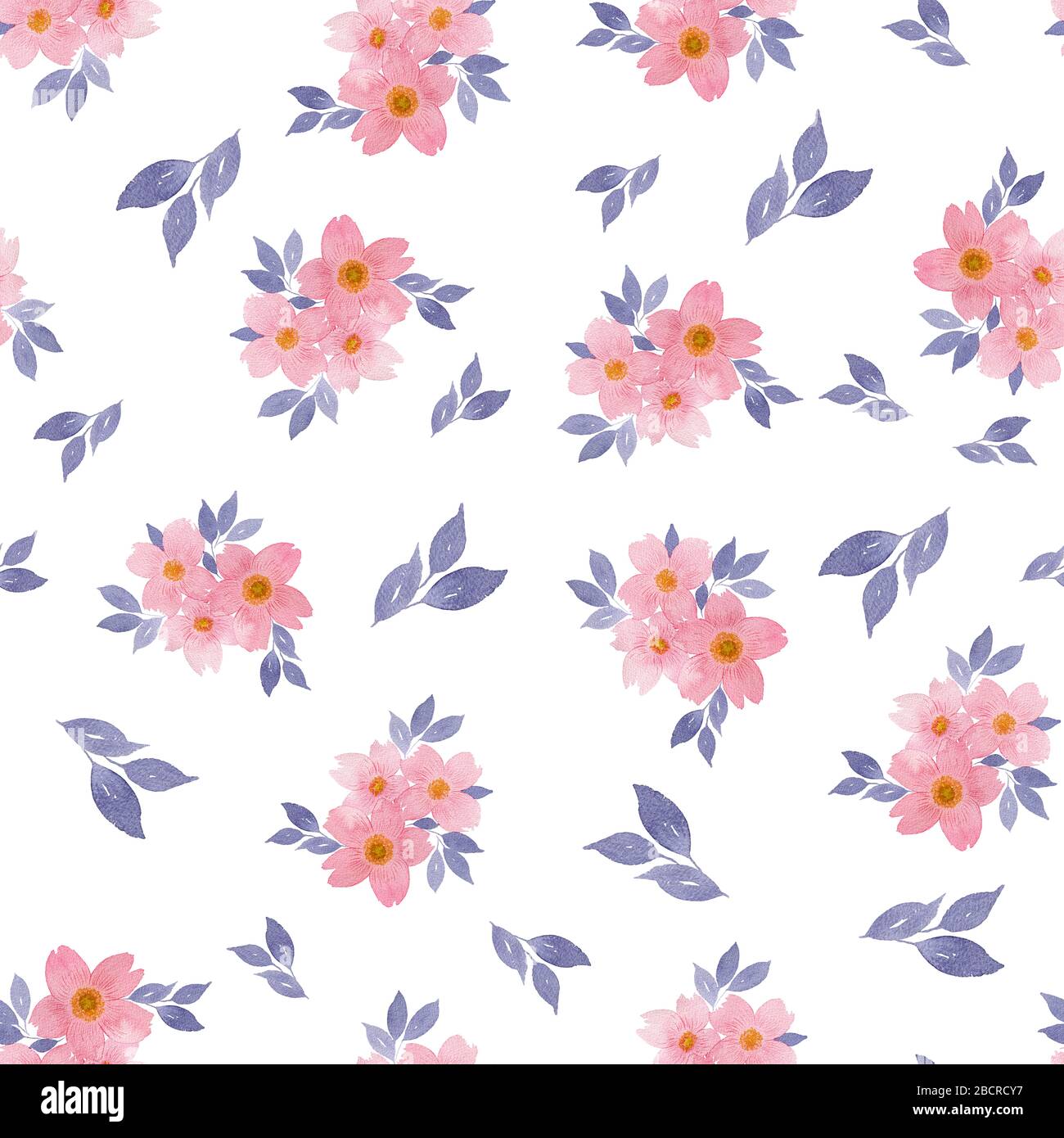 sfondo floreale senza cuciture con fiori rosa, fiori rosa tenui e foglie di  indaco blu isolato su bianco Foto stock - Alamy