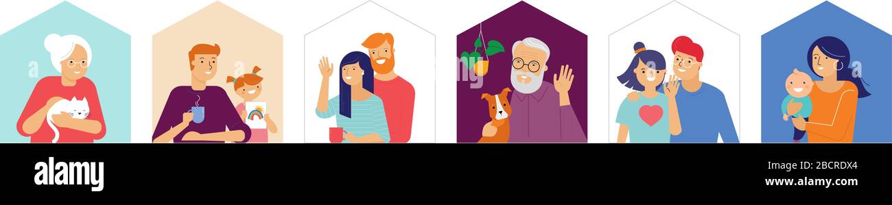 Restate a casa, design concettuale. Diversi tipi di persone, famiglia, vicini nelle loro case. Autoisolamento, quarantena durante il coronavirus Illustrazione Vettoriale