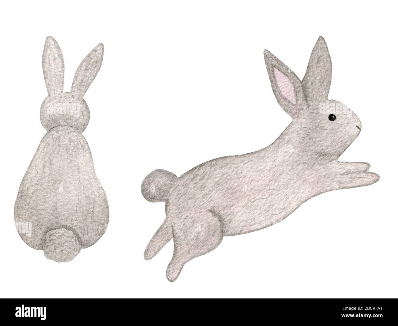 Carino cartone animato bunny jumping e bunny da dietro, acquerello coniglietto di Pasqua disegno, coniglio animale disegno Foto Stock