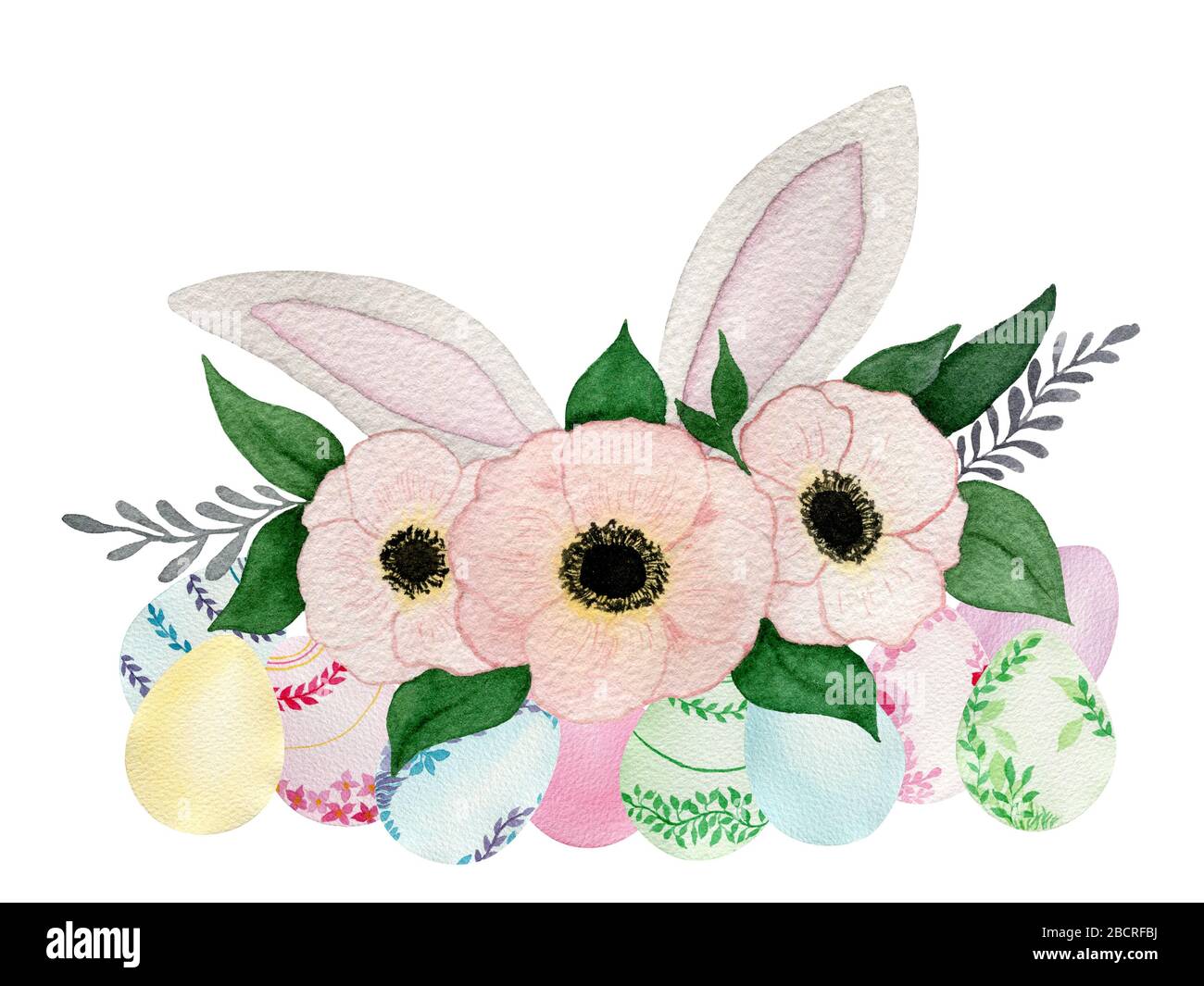 Sfondo pasquale con uova, bunny orecchie e fiori, watercolor cartoon design per le vacanze di Pasqua, cute template pasquale isolato su bianco Foto Stock