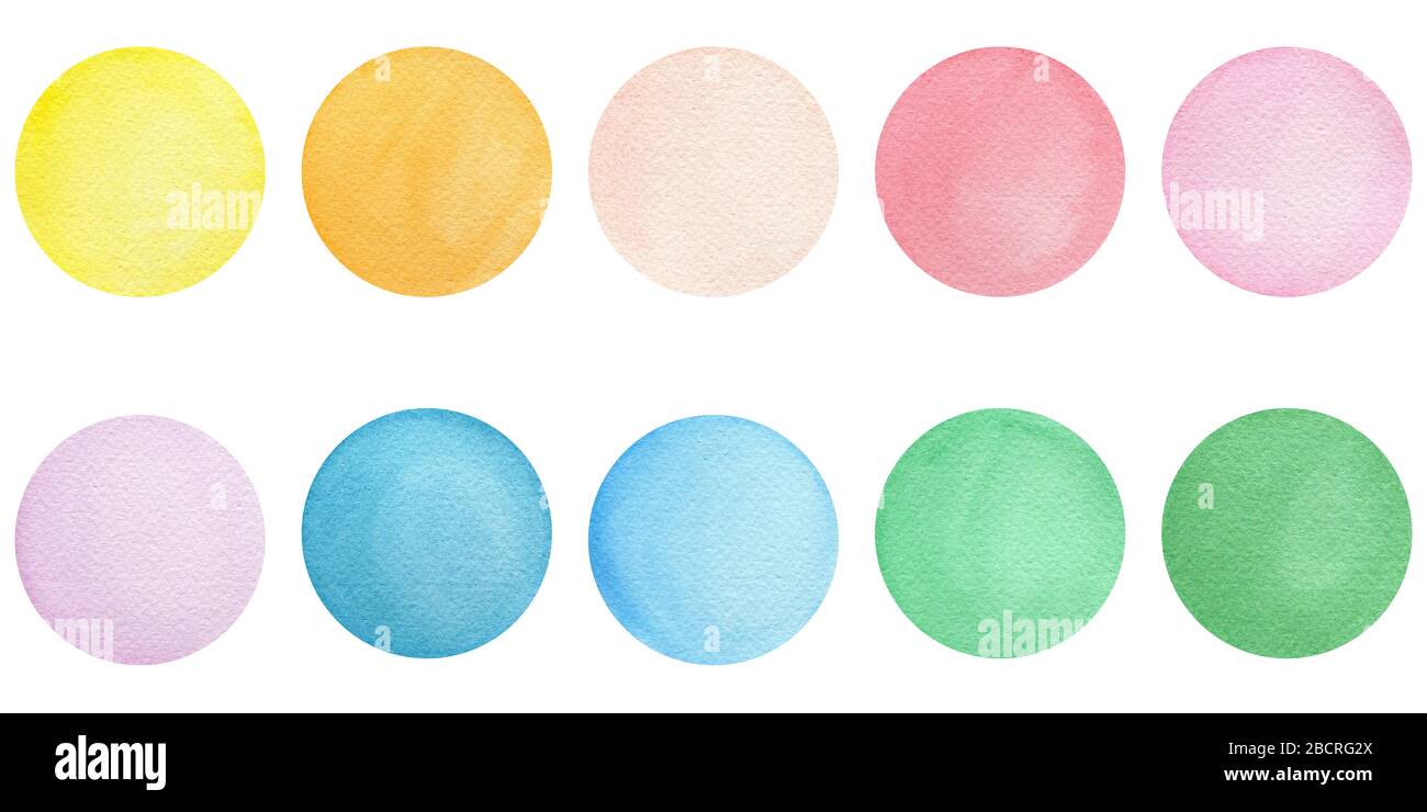 set di punti colorati acquerello, colori vivaci cerchi elemento di design per poster, invito, cornice o festa, watercolor disegno geometrico Foto Stock