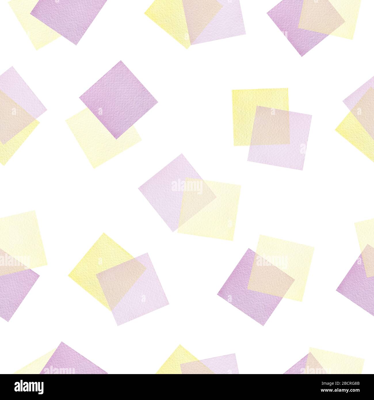 ripetizione senza cuciture con quadrati acquerello nelle tonalità viola e gialla, disegno brillante e felice per sfondi, progetti di avvolgimento Foto Stock