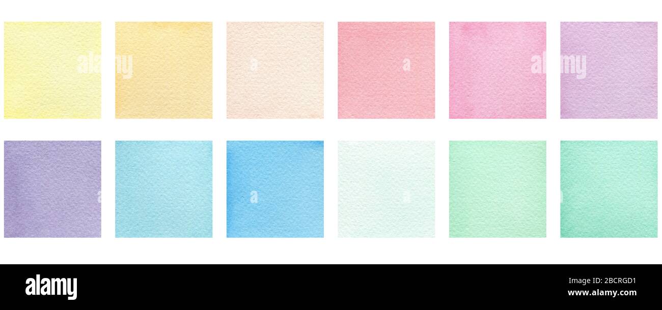 set di quadrati colorati acquerello isolati su bianco, pastello elemento di disegno quadrato per poster, invito, cornice o scheda Foto Stock