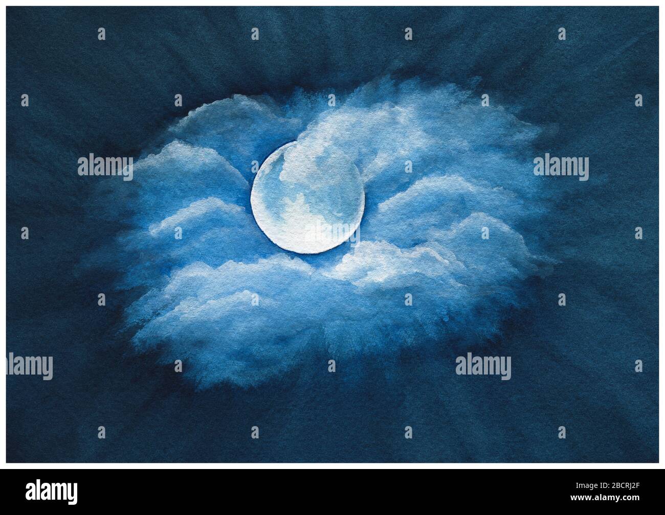 blu navy cielo notte sfondo astratto, romantico acquerello luna notte cielo scena, dipinto a mano illustrazione con luna e nuvole sul cielo notturno Foto Stock
