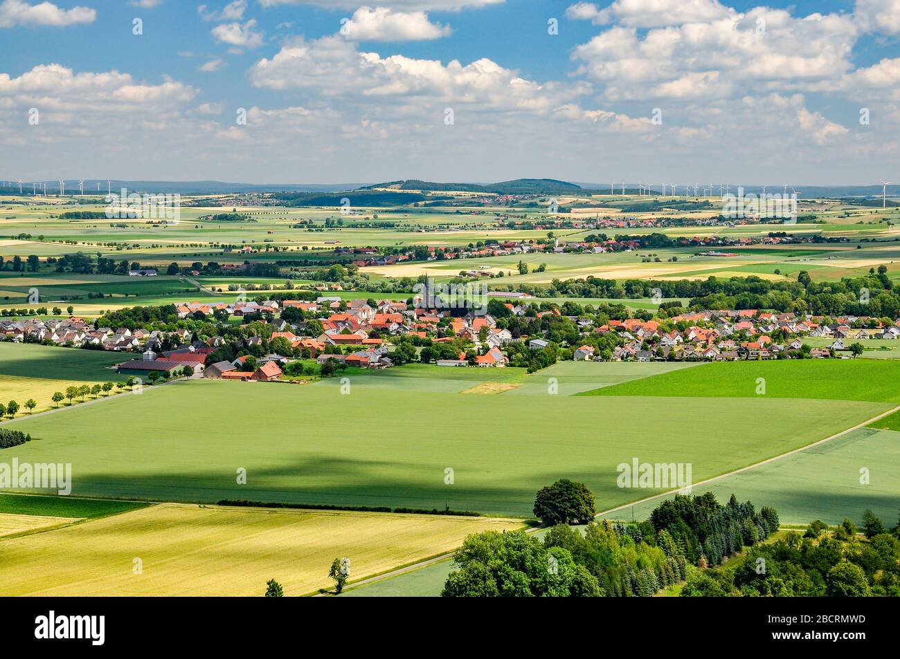 vista panoramica da desenberg sui campi di mais e prati a warburg, germania Foto Stock