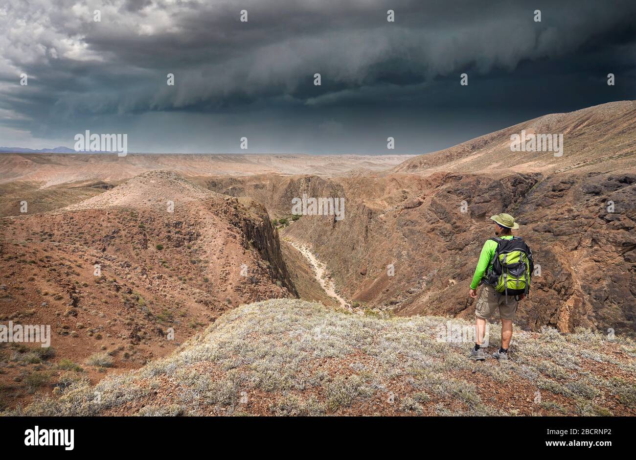 Uomo con zaino da viaggio in cappello e camicia verde sulla cima del canyon che guarda alla vista della valle e tempesta cielo scuro Foto Stock