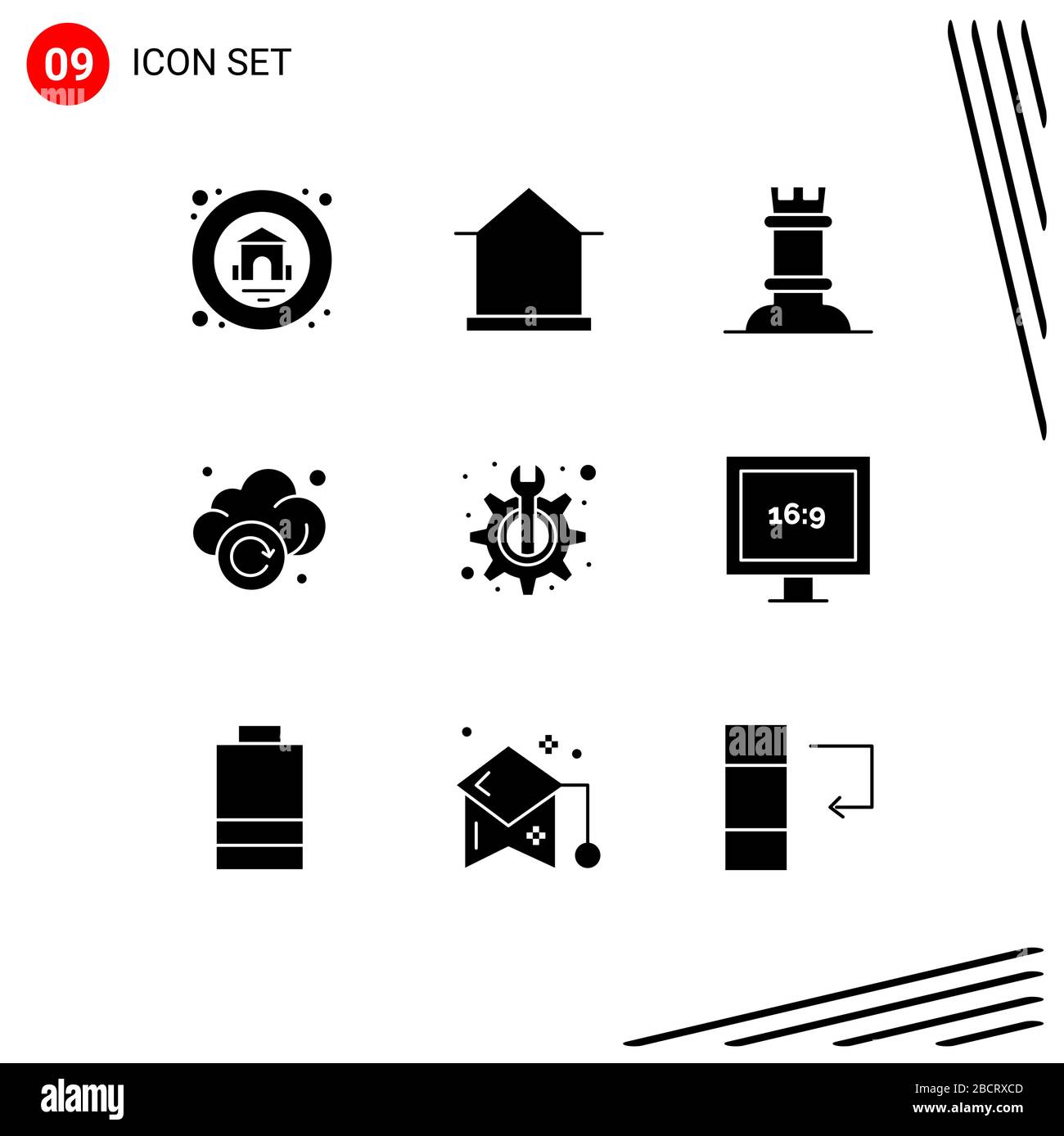 Confezione da 9 simboli e segni di glifi solidi moderni per i supporti di stampa Web, quali tecnico, manutenzione, scacchi, tecnologia, refresh Editable Vector Design Illustrazione Vettoriale