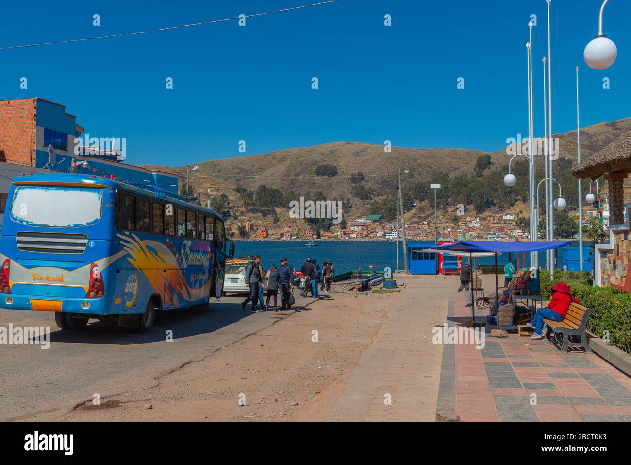 San Pabblo de Tiquina, porto dei traghetti per San Pedro de Tiquina, Tiquina, Dipartimento la Paz, Bolivia Foto Stock