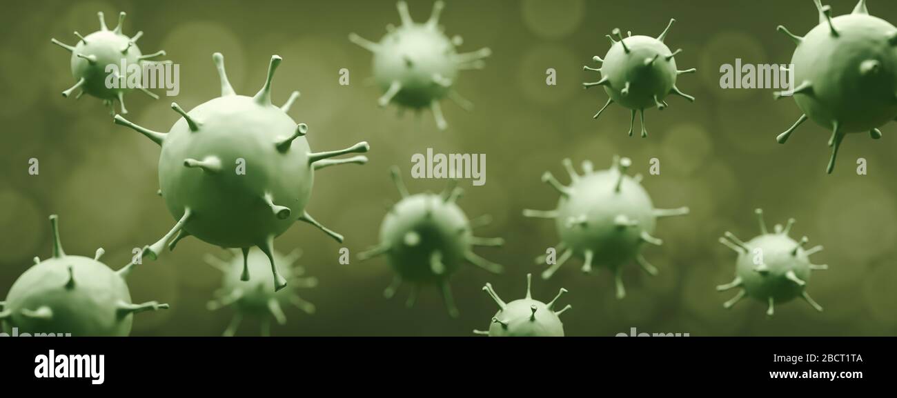 illustrazione 3d, vista del virus Corona sotto microscopio, virus e produzione di vaccini. Il virus Corona è in uscita Foto Stock
