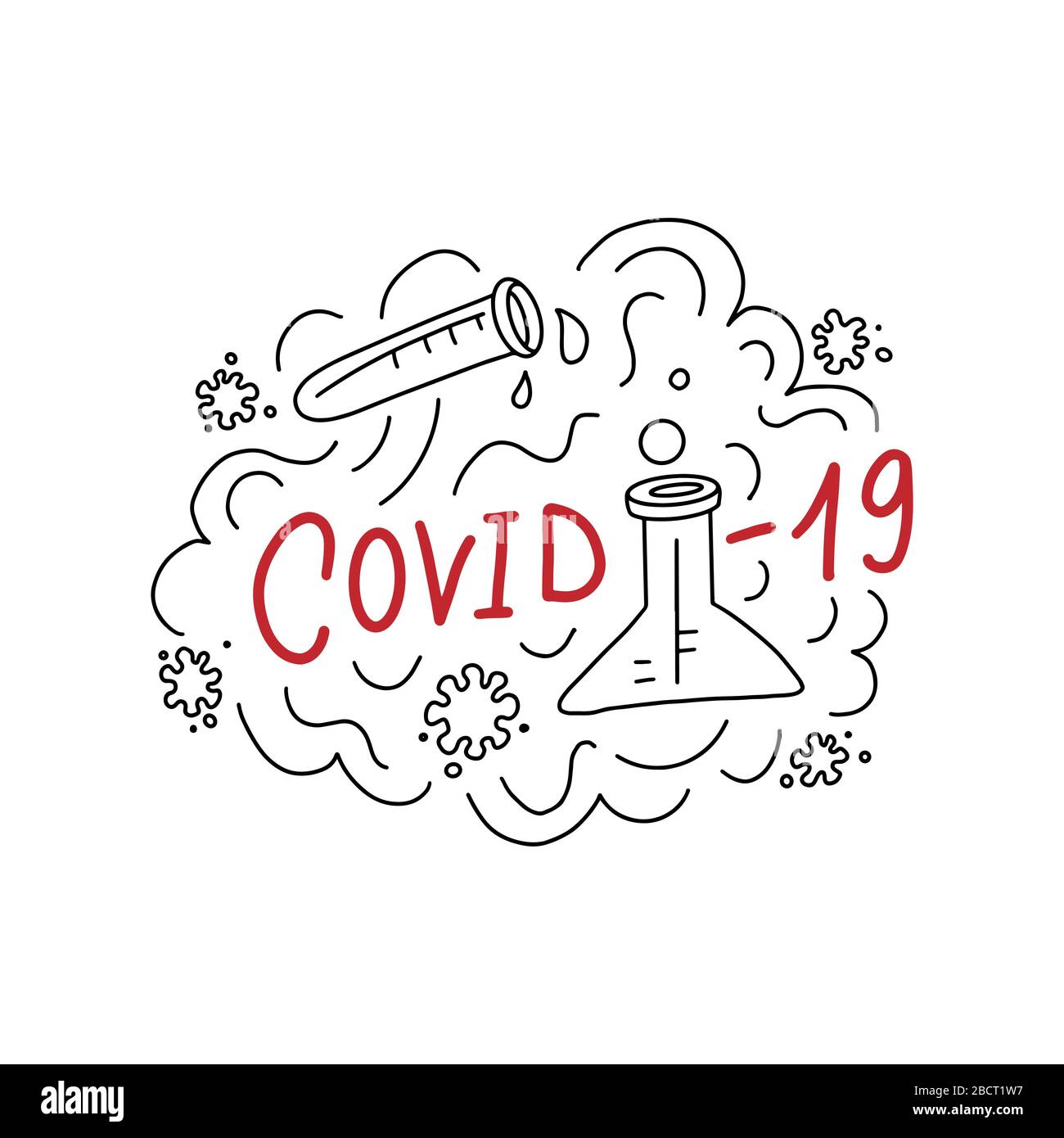 Illustrazione vettoriale di Covid-19. Concetto grafico di coronavirus pandemico. Testo della scritta vettoriale del virus Covid-19. 2019-nCoV. Laboratorio medico, concetto di protezione. Illustrazione Vettoriale