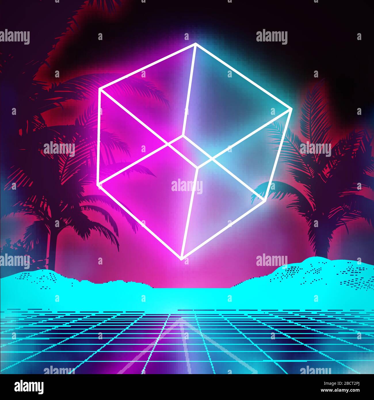 Sfondo futuristico retro per il gioco. Poster della galassia di danza 3d. 80s disco sfondo. Neon cube synthwave digitale wireframe paesaggio con palme Illustrazione Vettoriale