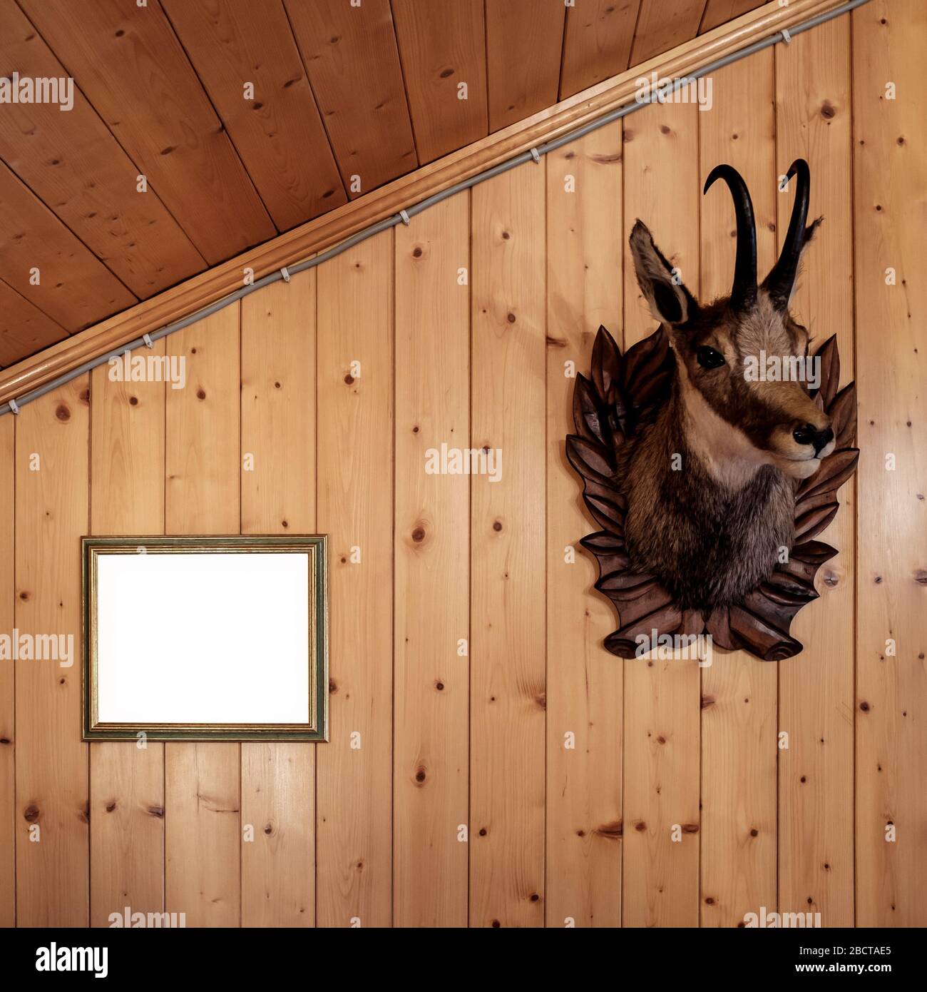 Testata montata su muro in chalet svizzero. Foto Stock