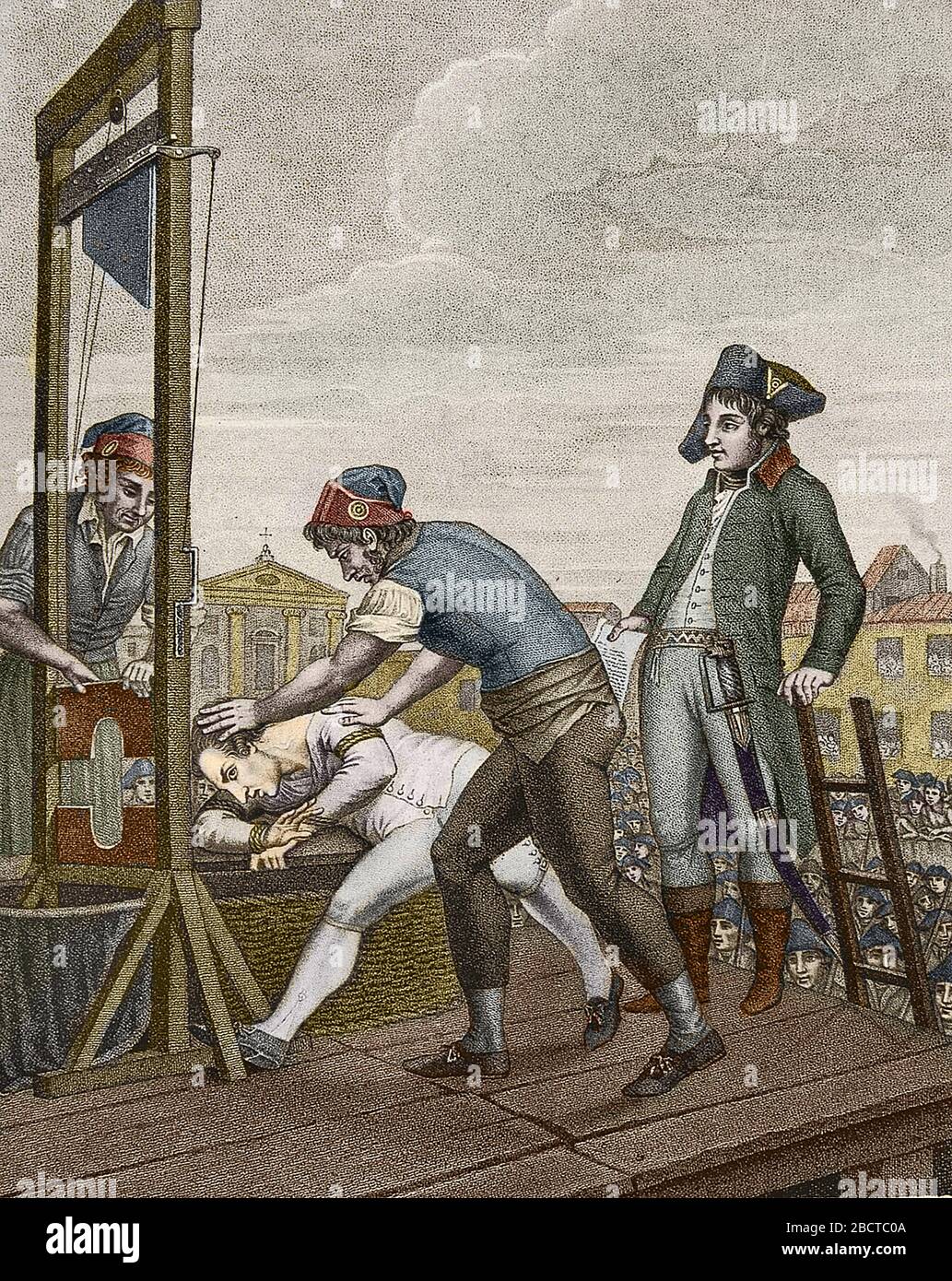 Rivoluzione francese : l'execution de Maximilien de Robespierre (1758-1794) a la ghigliottina le 28/07/1794 sur la Place de la Concorde' gravure - Fren Foto Stock