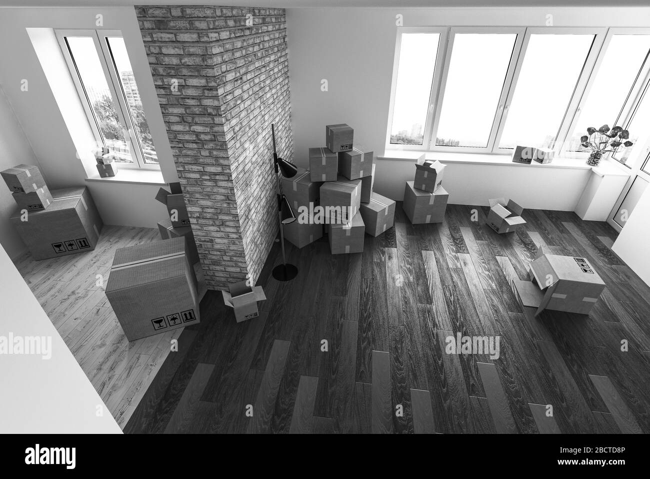 Casa mobile interna con scatole di cartone sul pavimento Foto Stock