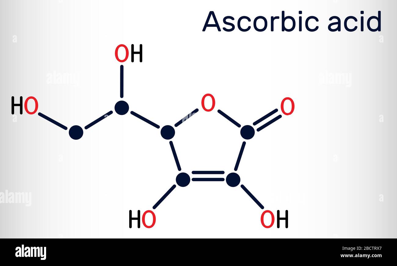 Acido ascorbico, vitamina C, molecola C6H8O6. Additivo alimentare E300. Formula chimica strutturale. Illustrazione del vettore Illustrazione Vettoriale