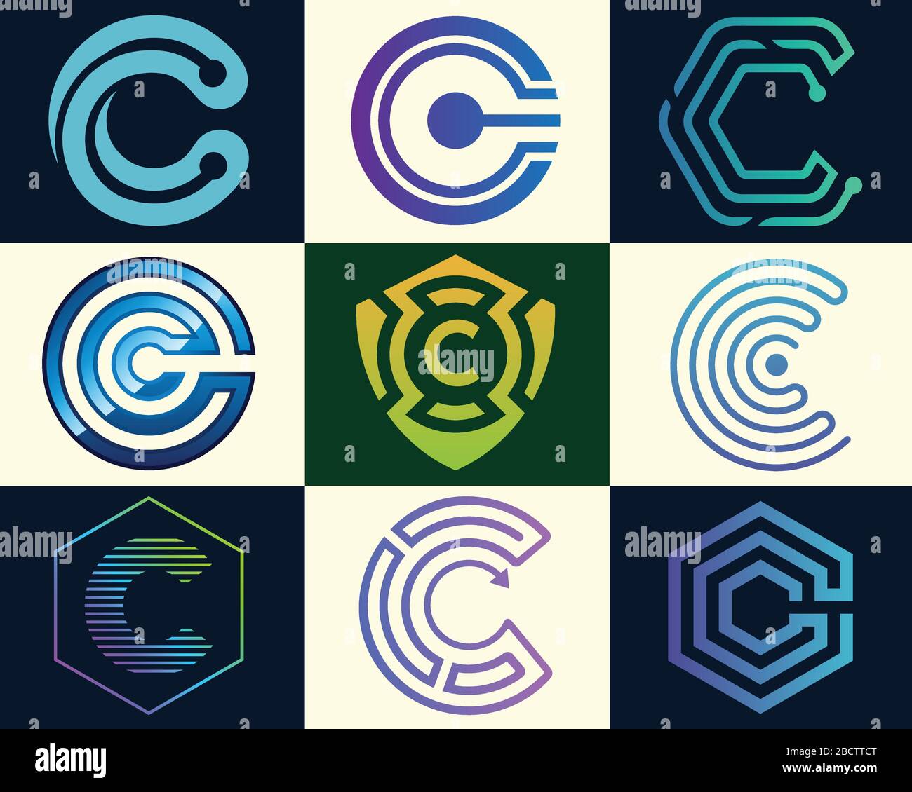 C Set di vettori del logo Tech iniziale. Modello di design del logo della lettera C, logo tecnologico e digitale. Illustrazione Vettoriale