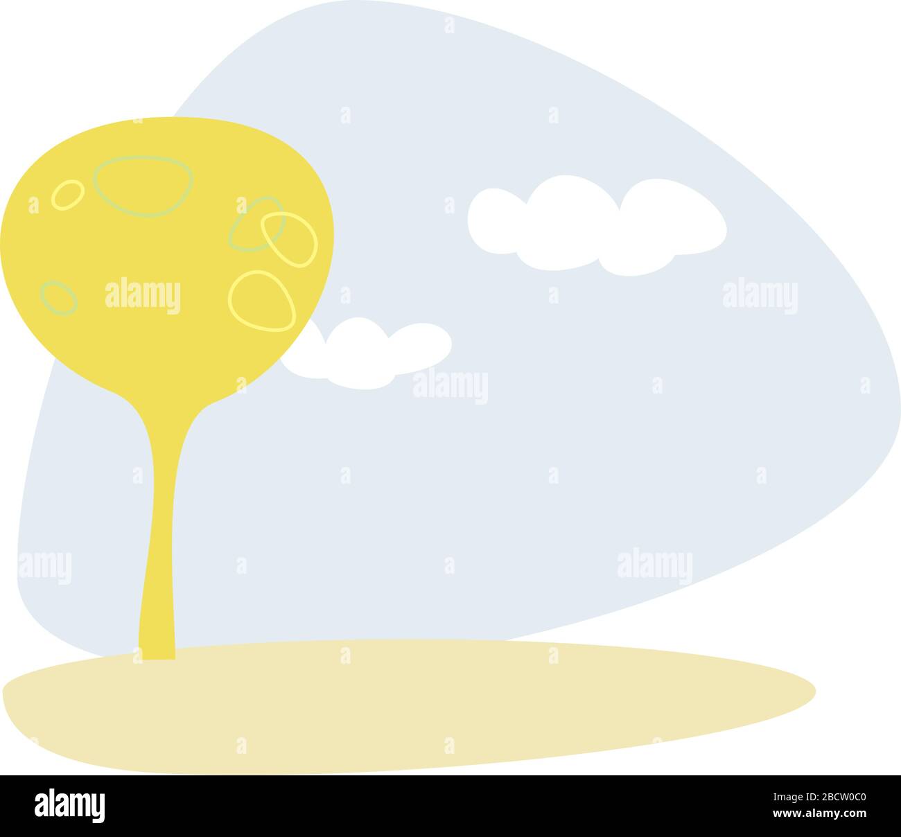 Vettore giallo albero verde sulla collina a cielo blu primavera o giorno d'estate. Idilliaco paesaggio ecologico, parco o scena con nuvole bianche - piatto, moderno illustrat Illustrazione Vettoriale