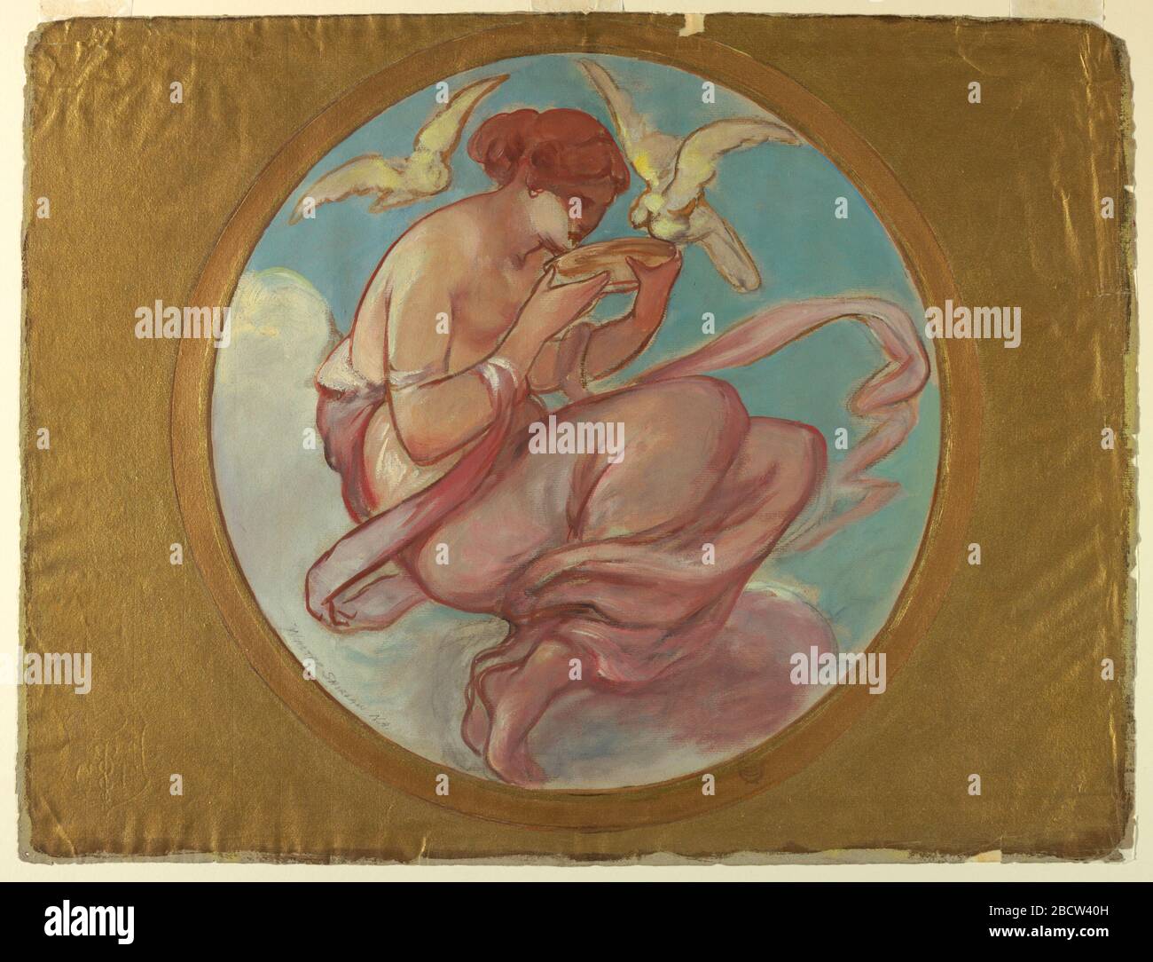 Disegno di Venere per una pittura a parete. Ricerca nel medaglione circolare di Progressa. Venere è mostrata in profilo seduto sulle nuvole e tenendo una ciotola sul bordo di cui una colomba siede. Un'altra colomba vola accanto alla testa della dea. Disegno di Venere per una pittura a parete Foto Stock