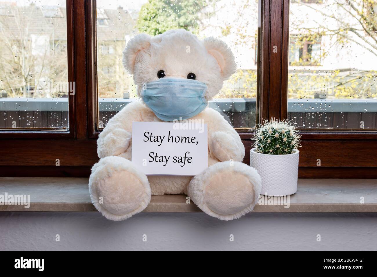 Orsacchiotto con maschera medica in quarantena per Covid-19 vicino alla finestra. White paper con testo, rimani a casa e al sicuro. Concetto di malattia, isolamento del paziente Foto Stock