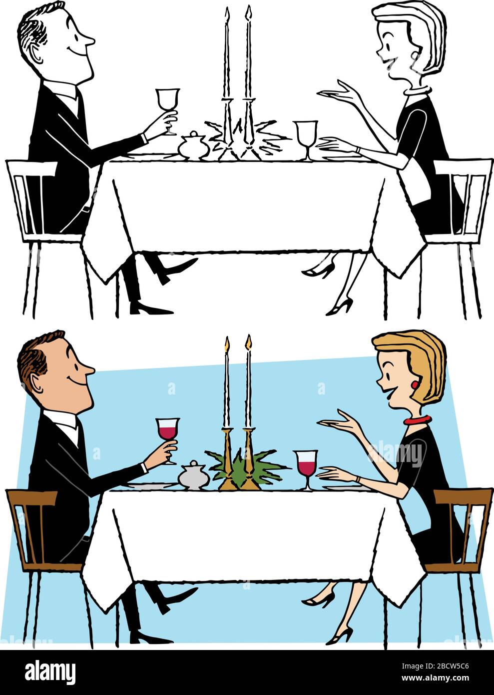Un cartone animato di una coppia su una data che cena in un ristorante. Illustrazione Vettoriale